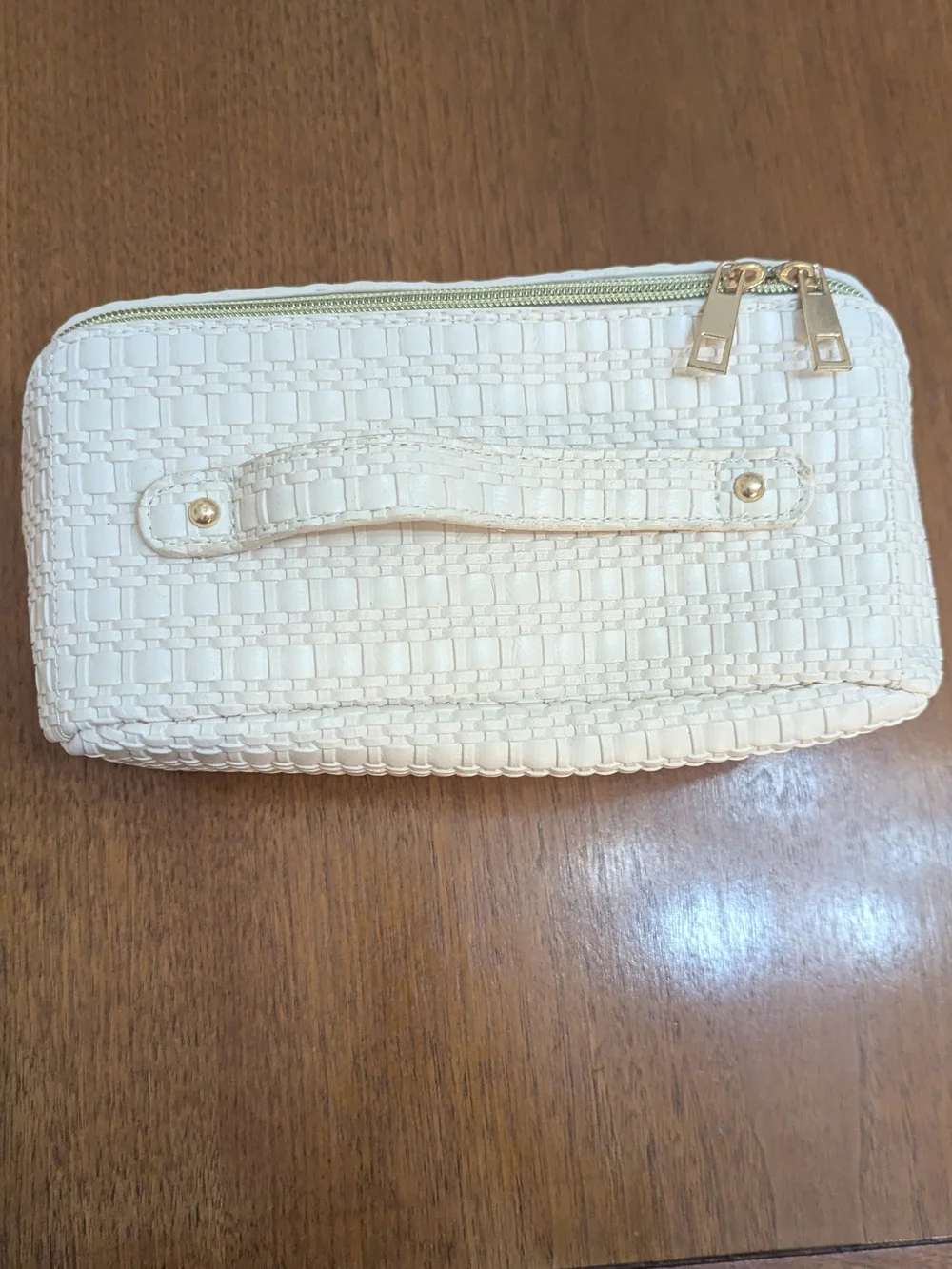 Cream Woven Travel Cosmetic Case with Gold Hardware